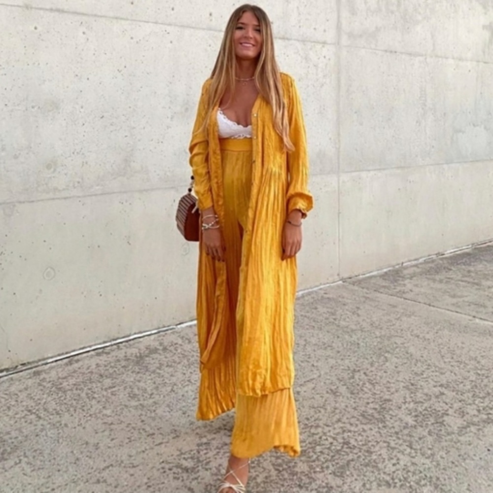 “set” Zara Mustard Wrinkle Look Dress /Pants NWT - Picture 2 of 16